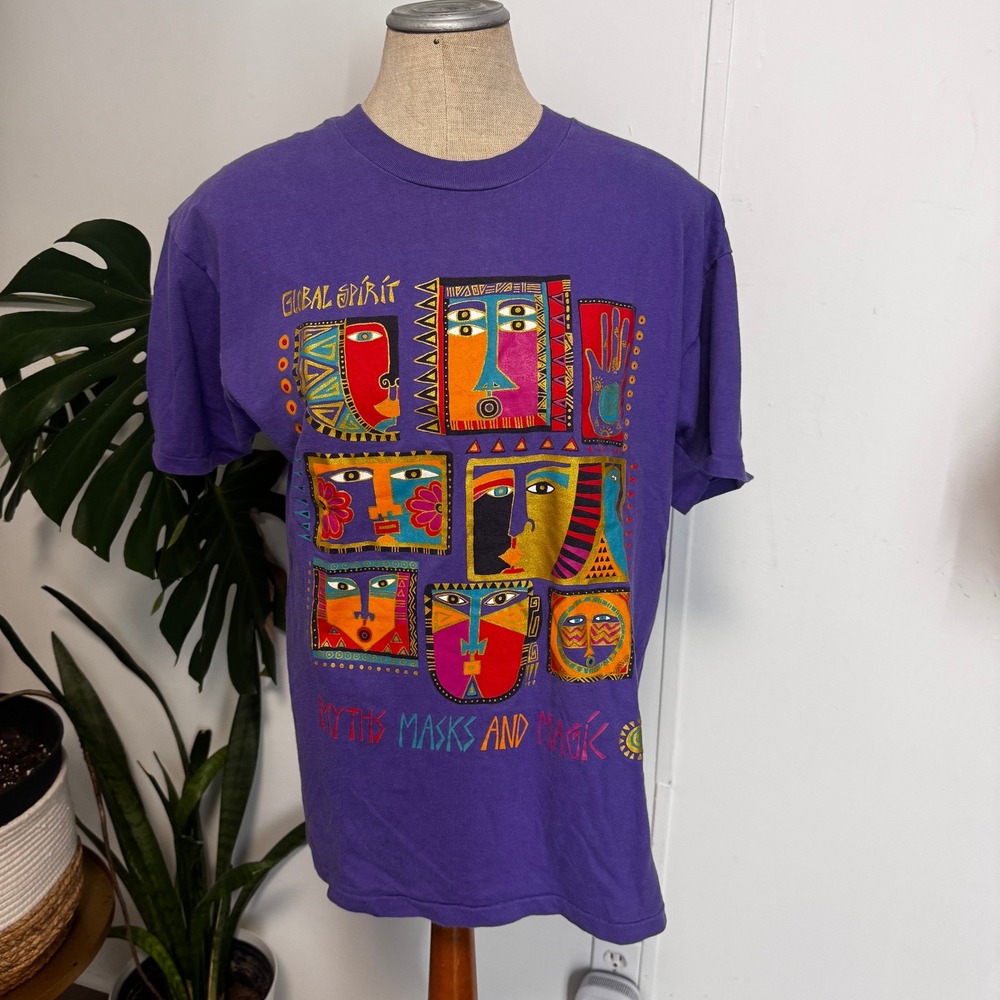 Laurel Burch Global Spirit Shirt Large Purple Myths Masks Magic Vintage 90s USA